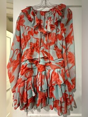 Olivaceous Light Blue Dress with Coral Floral Print